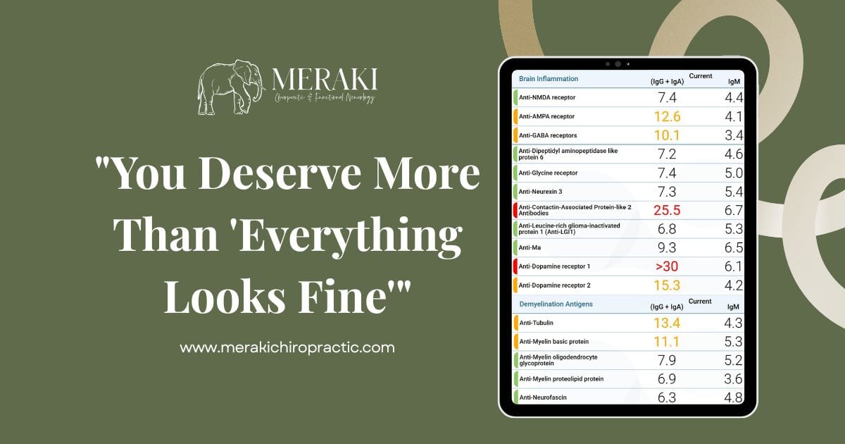 Meraki Chiropractic & Functional Neurology, Neurology Labs including brain inflammation, demyelination antigens. A quote that states, "You deserve more than 'Everything looks fine'"